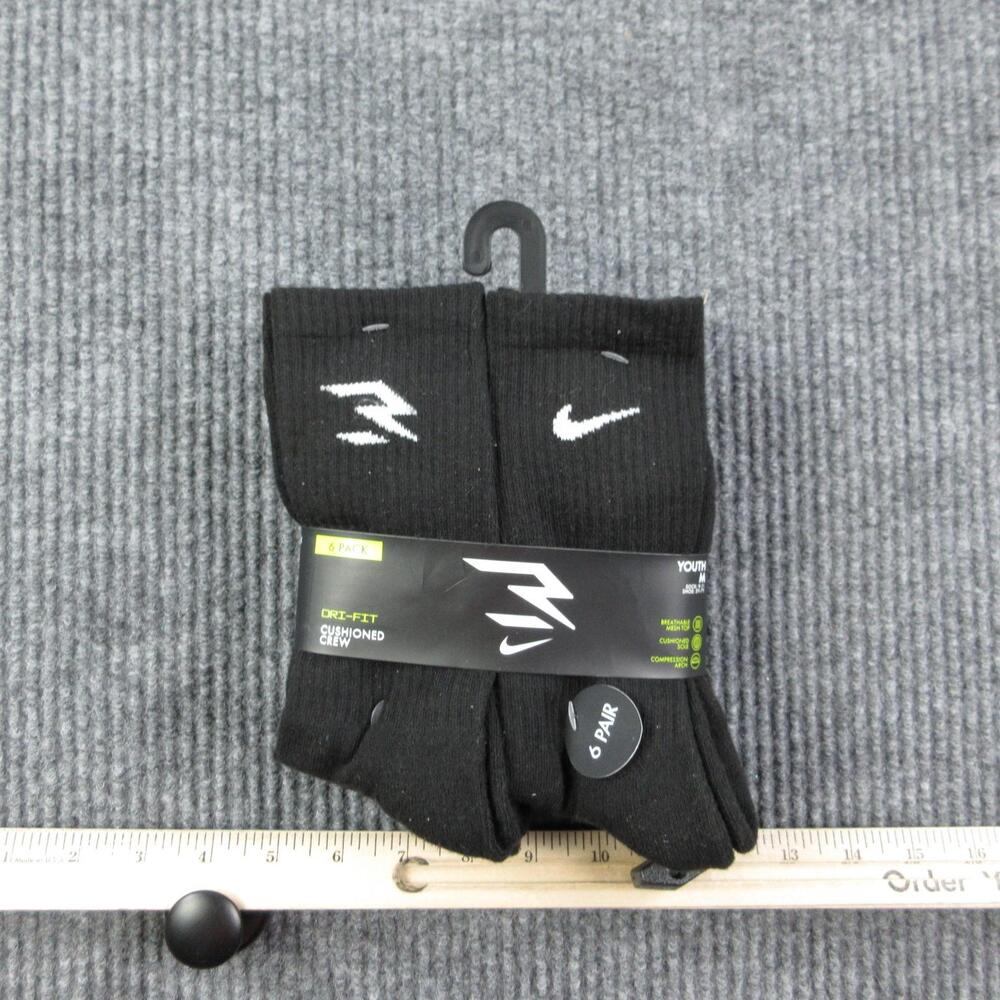 Nike Crew Socks Youth M Black 6 Pack Cushioned Dri-FIT Sock 9-11 Shoe 5Y-7Y NWT